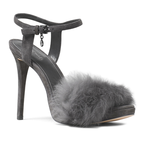NEW! MICHAEL KORS Women's Rabbit Fur Trim Gray Sexy Heels Open-Toe Pumps NWB - Picture 2 of 5